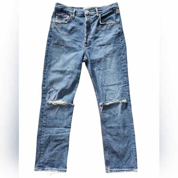 Agolde Denim - AGOLDE Riley High Rise Straight Cropped Jeans 27 Distressed Blue Button Fly